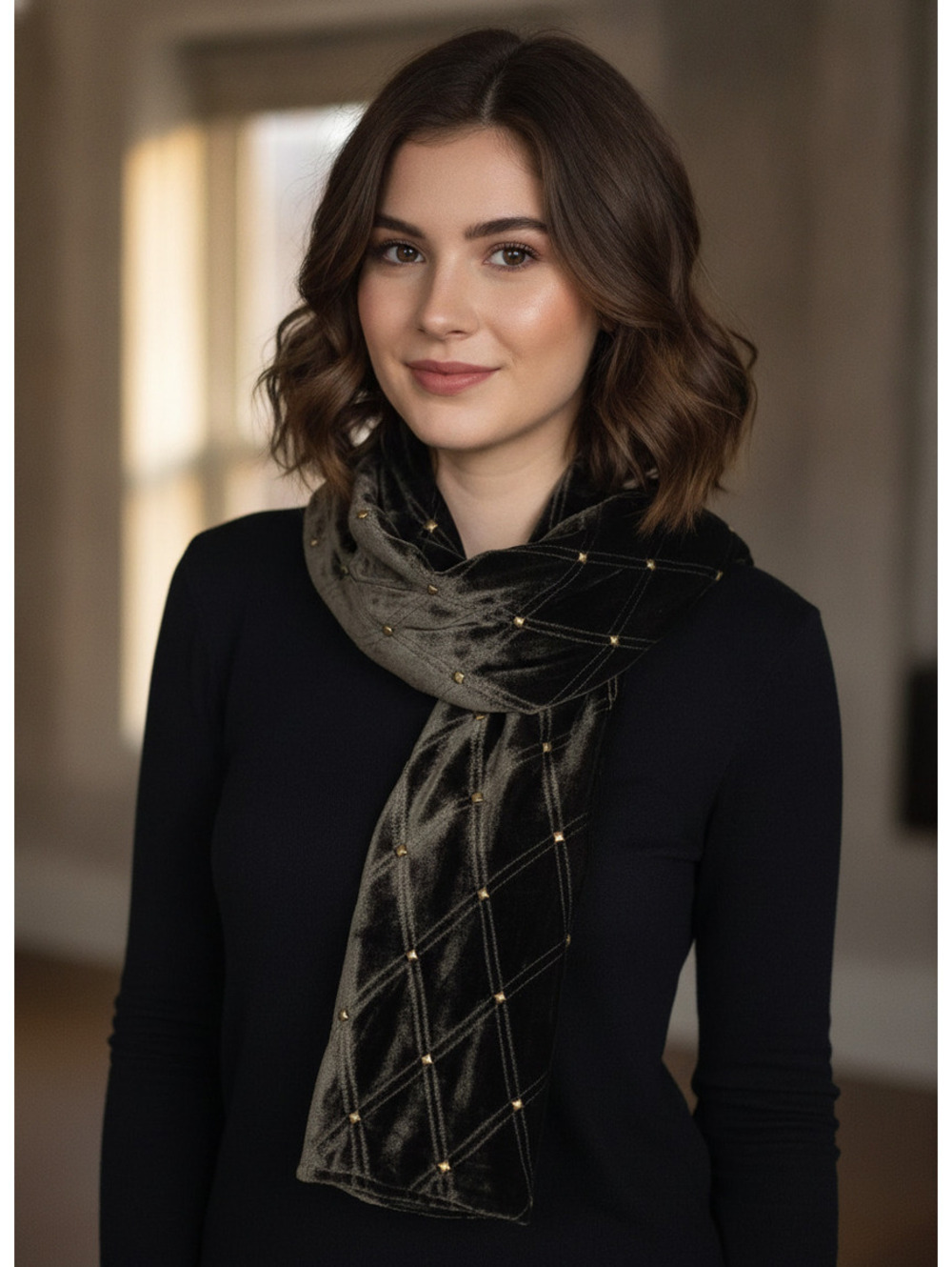 Brown Velvet Scarf with Gold Studded Diamond Pattern
